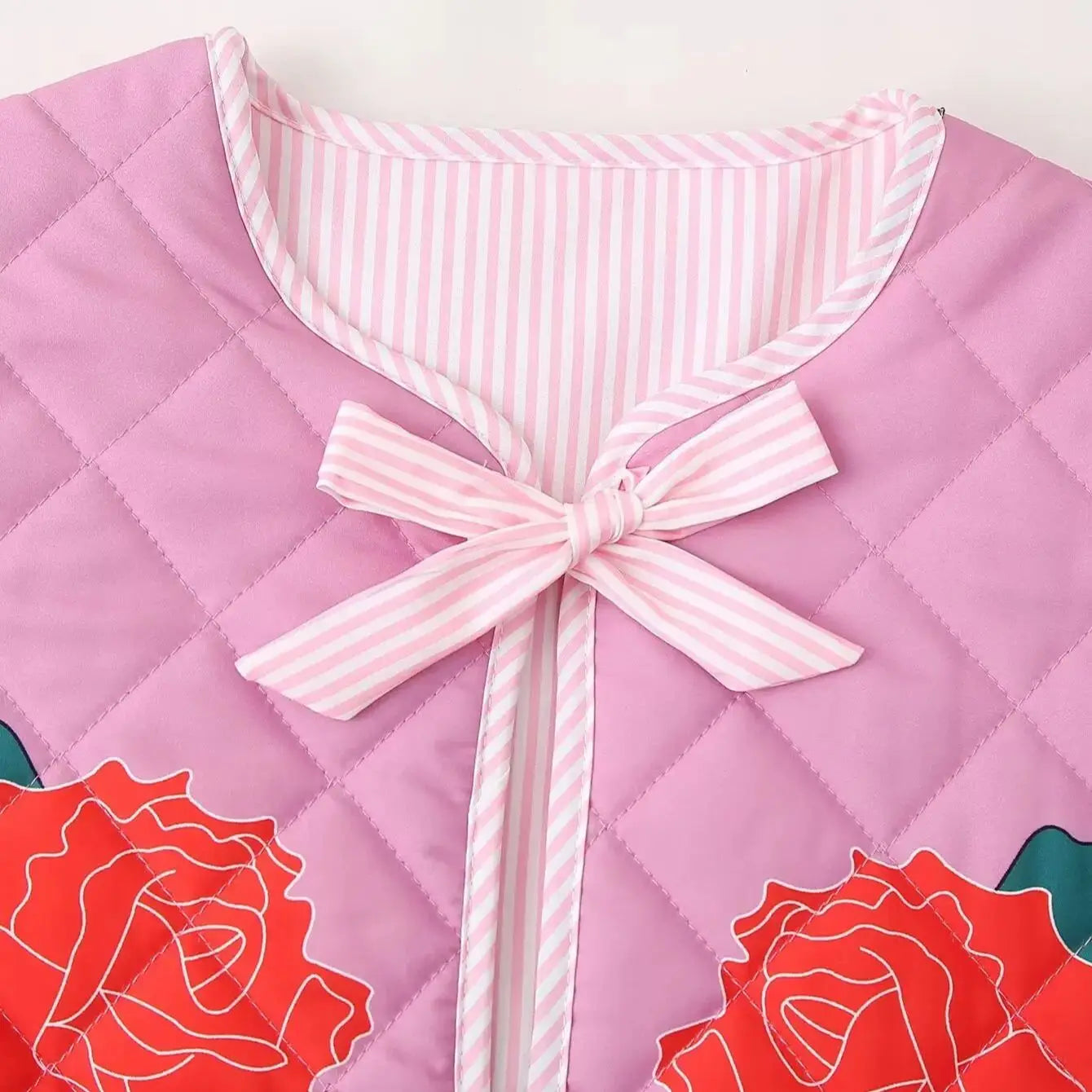 Quilted Jackets- Women Floral Quilted Jacket with Tie-Up Bow- - Chuzko Women Clothing