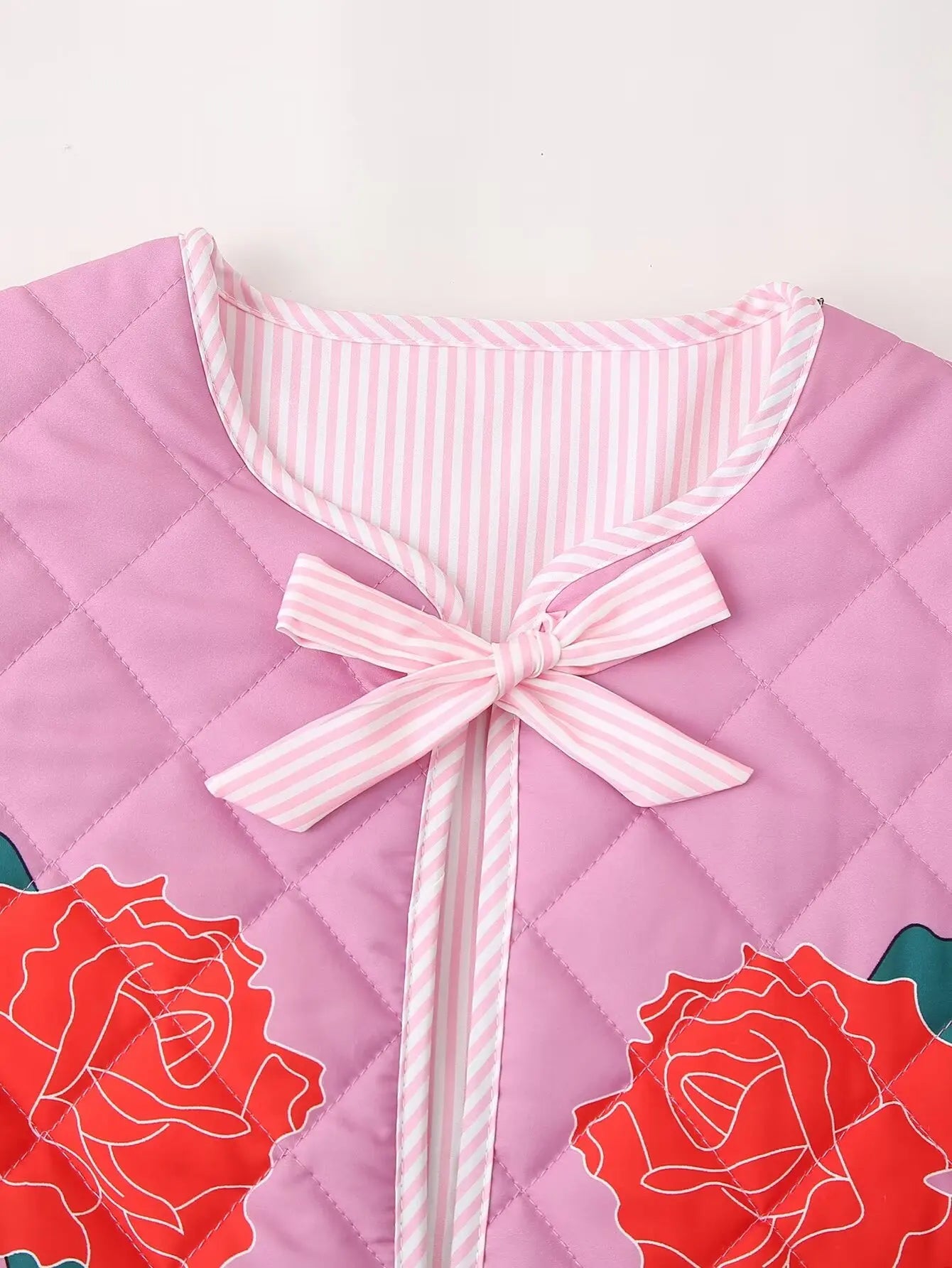 Quilted Jackets- Women Floral Quilted Jacket with Tie-Up Bow- - Chuzko Women Clothing