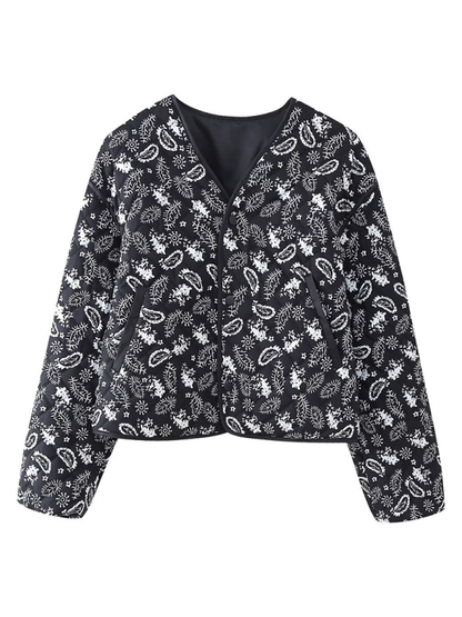 Quilted Jackets- Women Paisley Quilted Jacket with Contrast Binding for Fall & Winter- Black- IndioGear.com