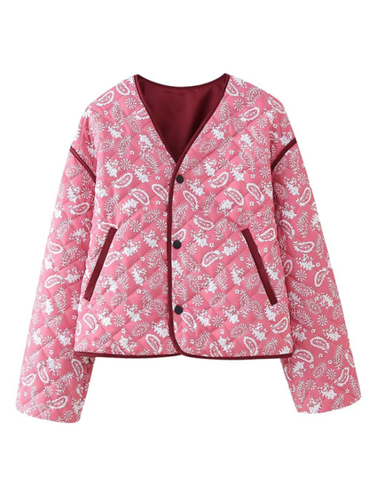 Quilted Jackets- Women Paisley Quilted Jacket with Contrast Binding for Fall & Winter- Pink- IndioGear.com