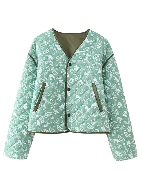 Quilted Jackets- Women Paisley Quilted Jacket with Contrast Binding for Fall & Winter- Green- IndioGear.com