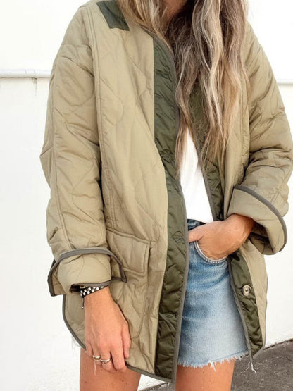 Quilted Jackets- Women’s Quilted Jacket in Two-Tone Colors with Flap Pockets- Olive green- IndioGear.com