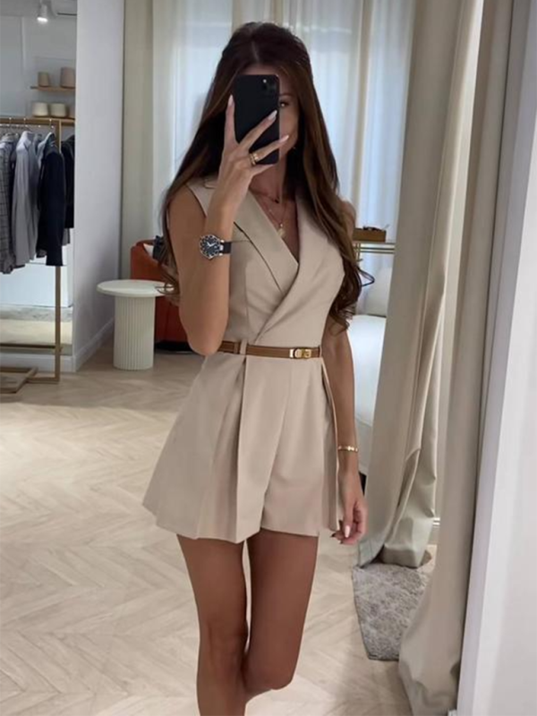 Rompers- Business Casual Notch Lapel Romper with Wide-Leg Shorts for Women- - IndioGear Fashion and Gear