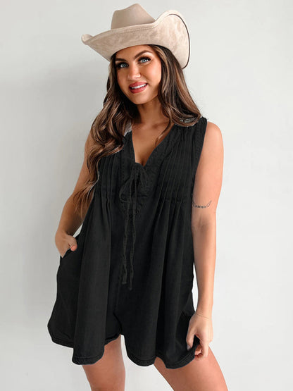 Rompers- Casual Pleated Playsuit Denim Blue Romper- Black- IndioGear Women Clothing