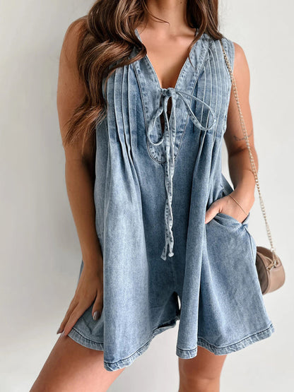 Rompers- Casual Pleated Playsuit Denim Blue Romper- - IndioGear Women Clothing