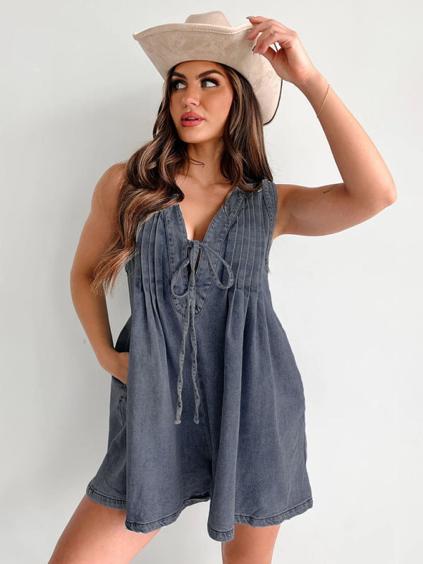 Rompers- Casual Pleated Playsuit Denim Blue Romper- Charcoal grey- IndioGear Women Clothing