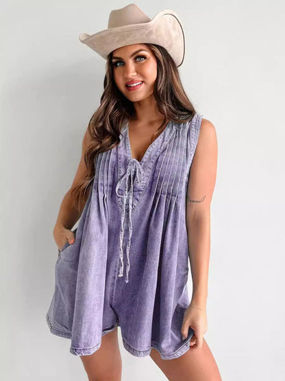 Rompers- Casual Pleated Playsuit Denim Blue Romper- - IndioGear Women Clothing