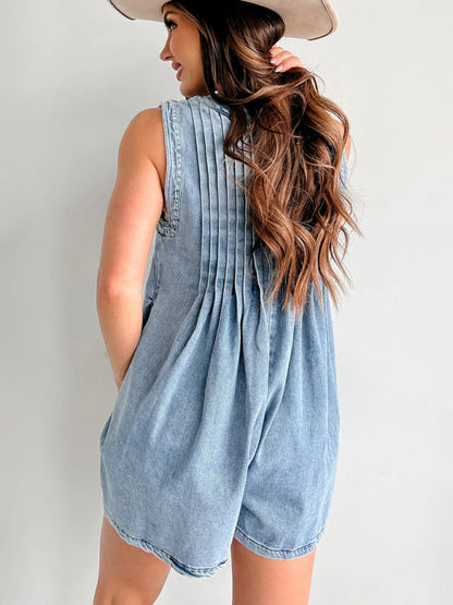 Rompers- Casual Pleated Playsuit Denim Blue Romper- - IndioGear Women Clothing