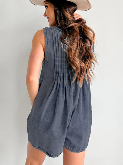 Rompers- Casual Pleated Playsuit Denim Blue Romper- - IndioGear Women Clothing