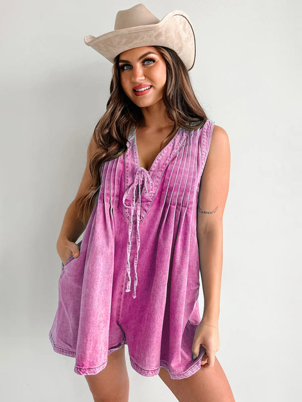 Rompers- Casual Pleated Playsuit Denim Blue Romper- Rose- IndioGear Women Clothing