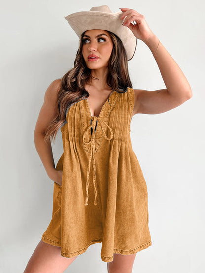 Rompers- Casual Pleated Playsuit Denim Blue Romper- Yellow- IndioGear Women Clothing