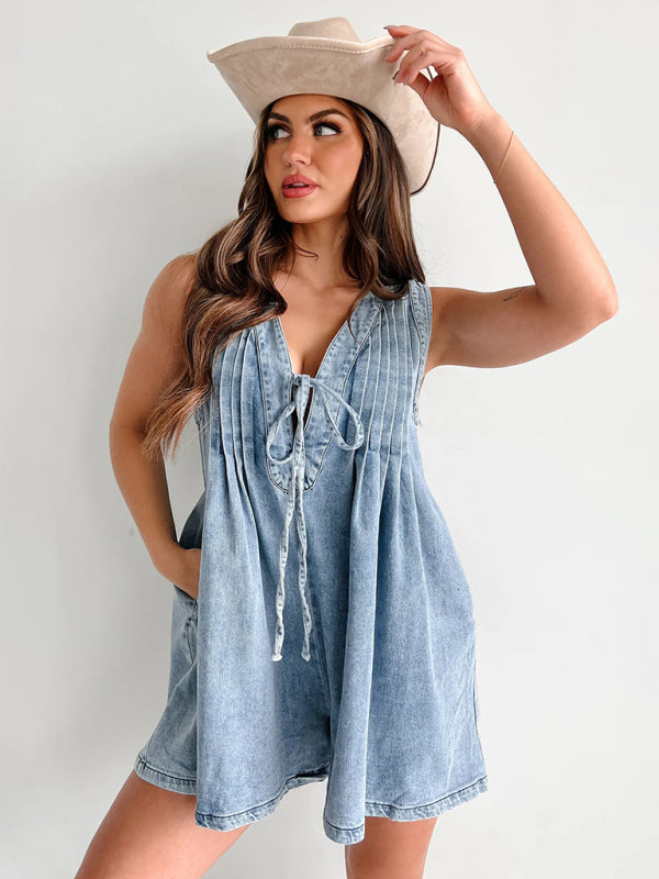 Rompers- Casual Pleated Playsuit Denim Blue Romper- - IndioGear Women Clothing