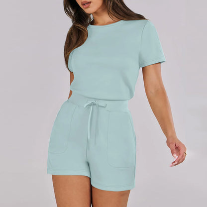 Rompers- Casual Women's Gathered-Waist Romper - Tee Playsuit- Blue- IndioGear.com