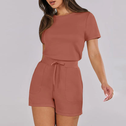 Rompers- Casual Women's Gathered-Waist Romper - Tee Playsuit- Brown- IndioGear.com