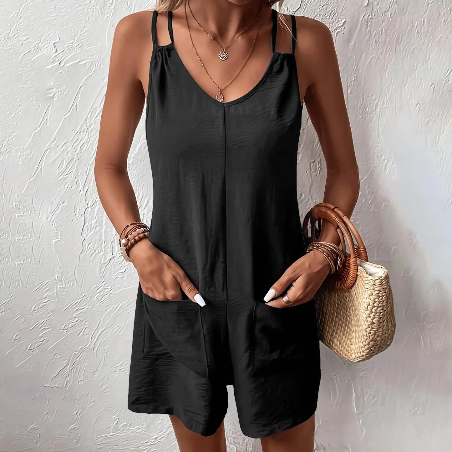 Rompers- Essential Summer Lounger Playsuit Casual Romper- Black- IndioGear Women Clothing