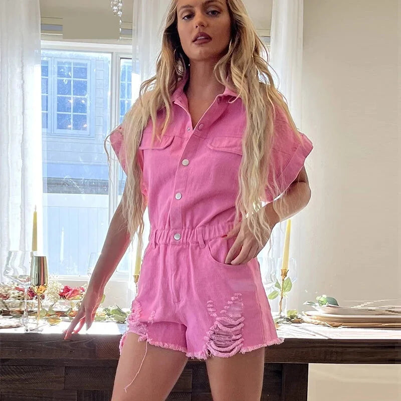 Rompers- Festival Distressed Hem Denim Playsuit - Trendy Romper- Pink- IndioGear.com