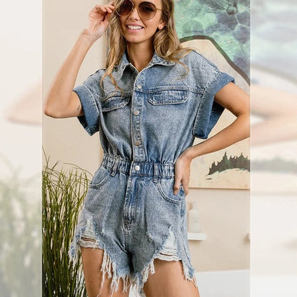 Rompers- Festival Distressed Hem Denim Playsuit - Trendy Romper- Light blue- IndioGear.com