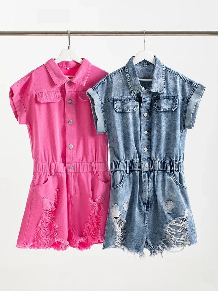 Rompers- Festival Distressed Hem Denim Playsuit - Trendy Romper- - IndioGear.com