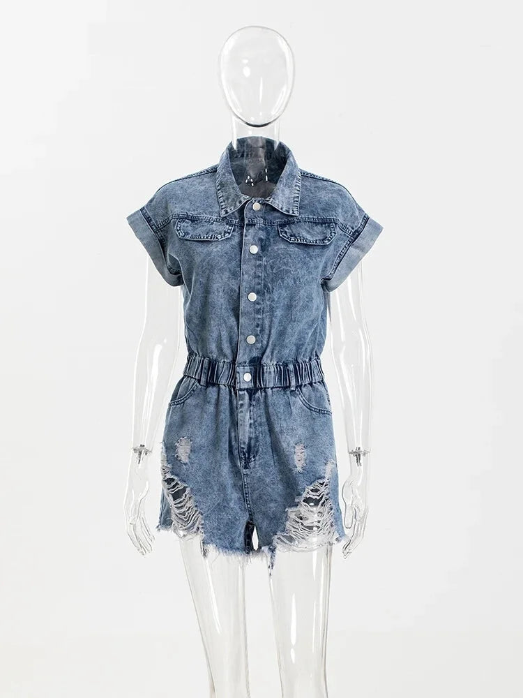 Rompers- Festival Distressed Hem Denim Playsuit - Trendy Romper- - IndioGear.com