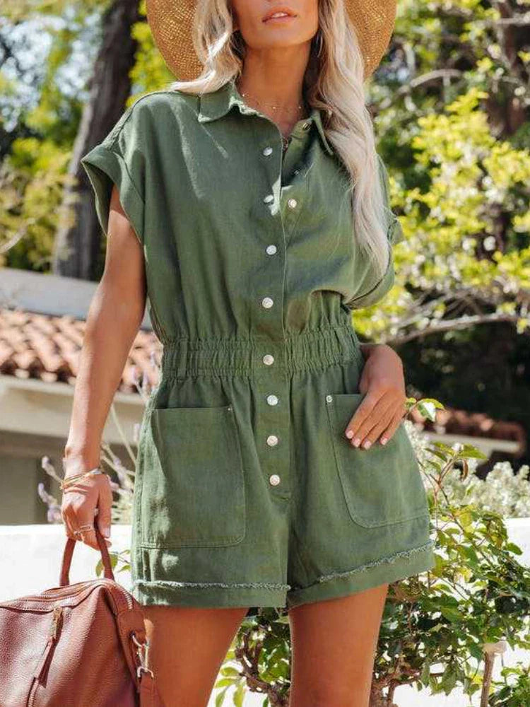 Rompers- Fuchsia Casual Chic Romper - Button-Front Playsuit- Green- IndioGear.com