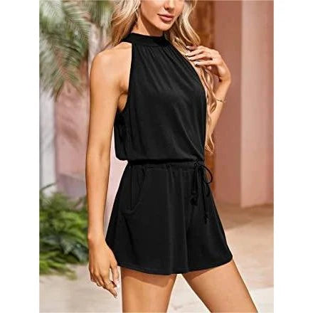 Rompers- Gathered-Waist Playsuit for Women - Solid Halter Romper- - IndioGear.com