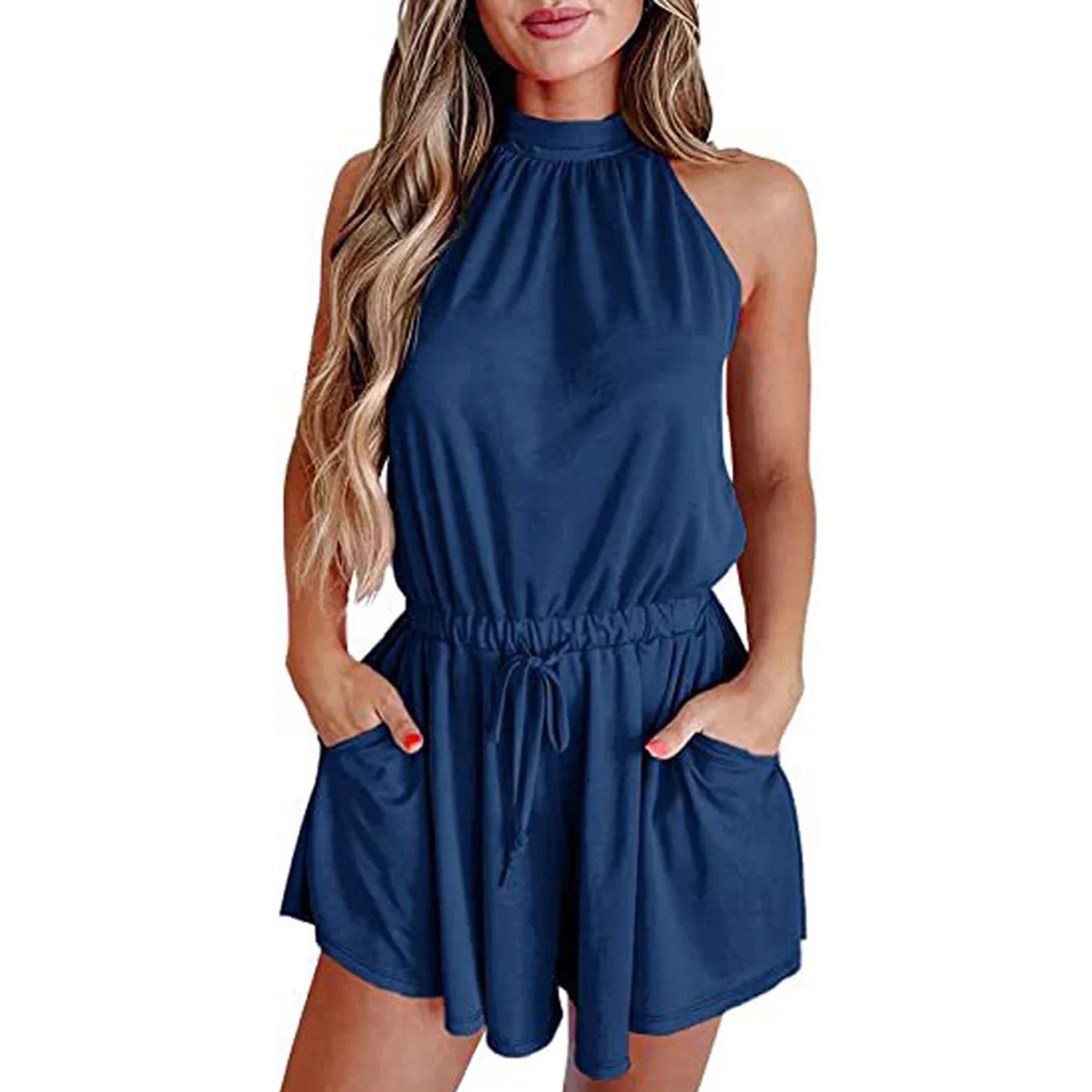 Rompers- Gathered-Waist Playsuit for Women - Solid Halter Romper- - IndioGear.com