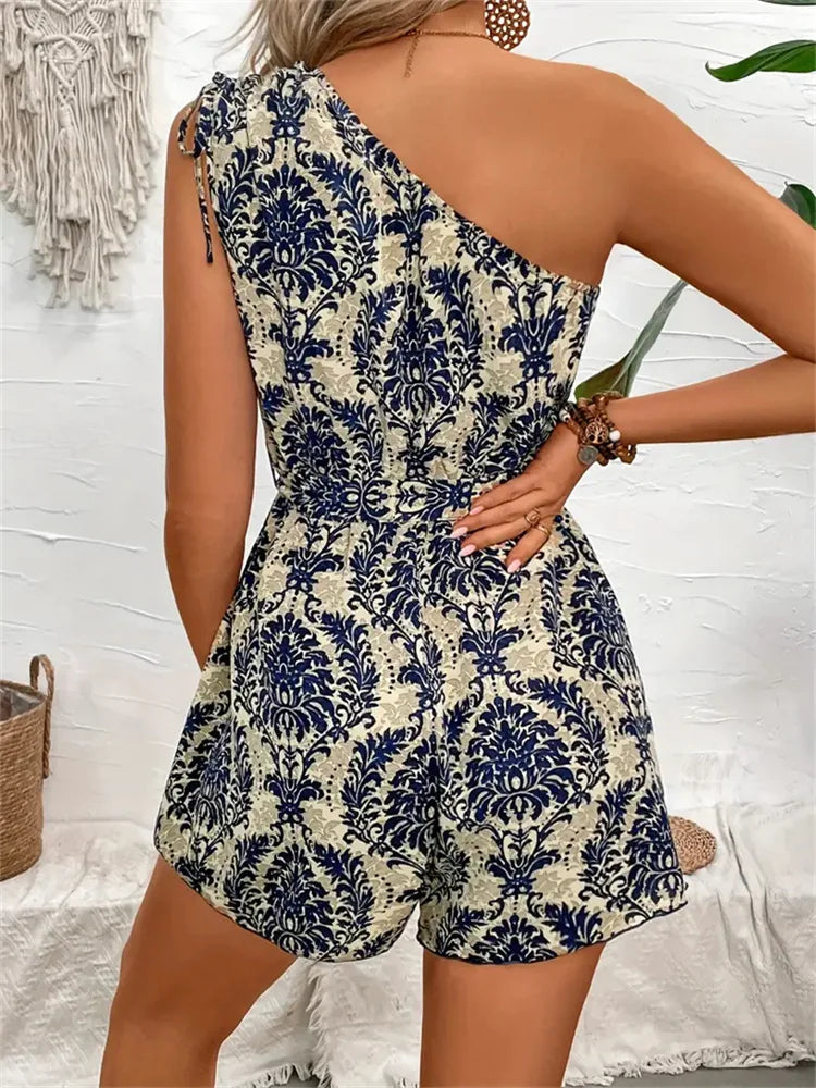 Rompers- One Shoulder Boho Floral Print Rompers Tie Waist