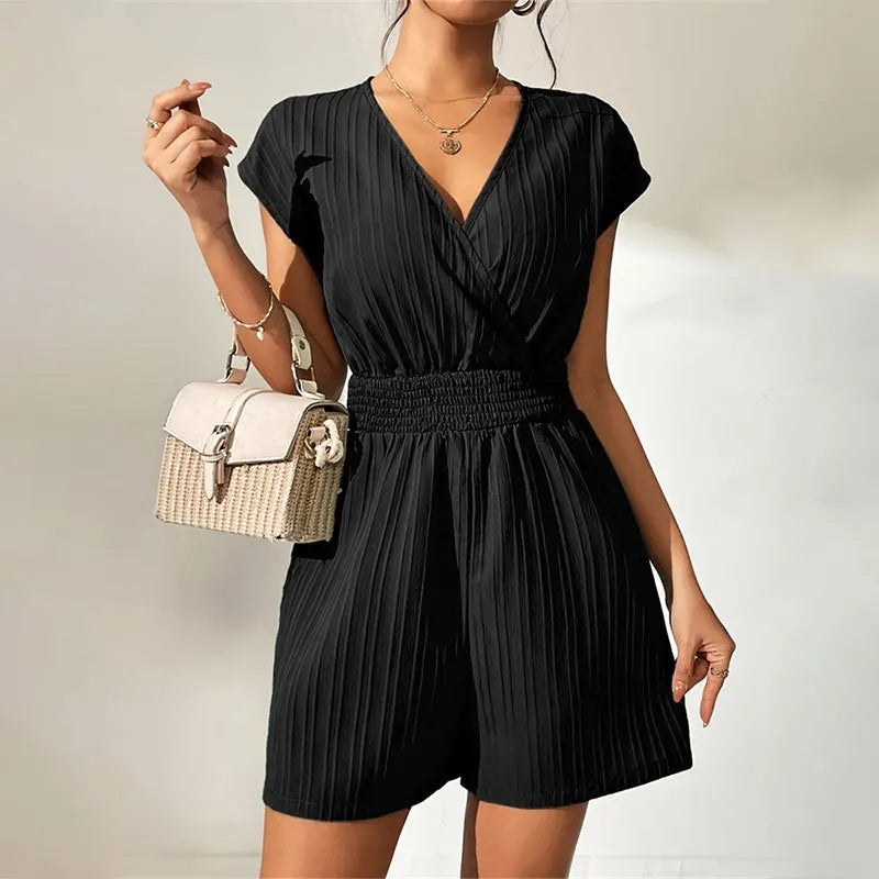 Rompers- Pleated Surplice V-Neck Playsuit Smocked Waistband Romper- - IndioGear Women Clothing