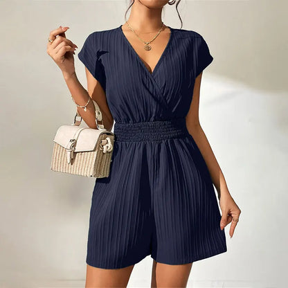 Rompers- Pleated Surplice V-Neck Playsuit Smocked Waistband Romper- Navy blue- IndioGear Women Clothing