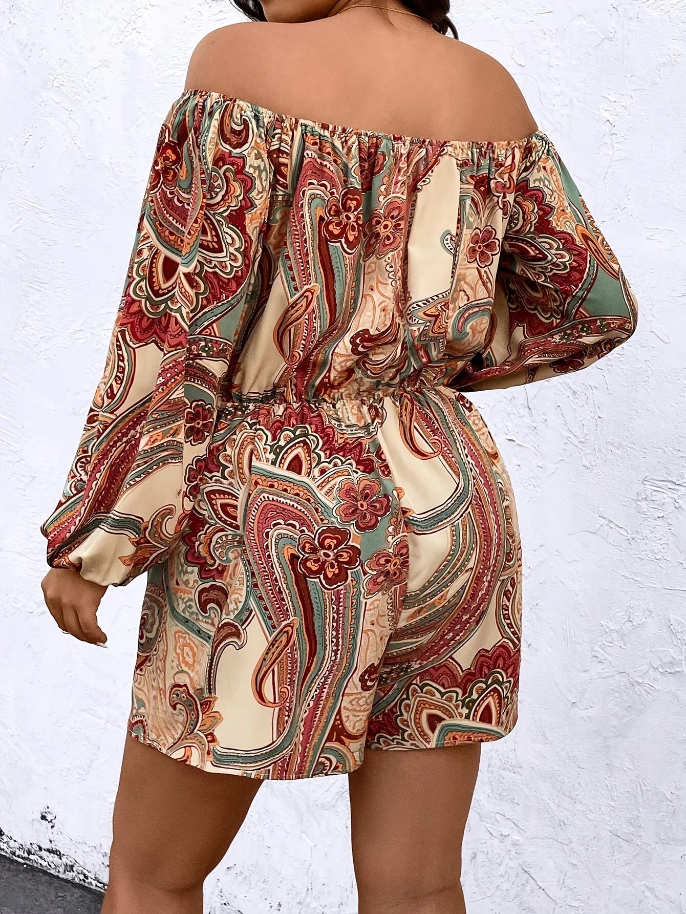 Rompers- Plus Size Boho Paisley Romper - Loose Off-Shoulder Playsuit for Women- - IndioGear.com