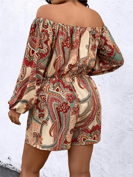 Rompers- Plus Size Boho Paisley Romper - Loose Off-Shoulder Playsuit for Women- - IndioGear.com