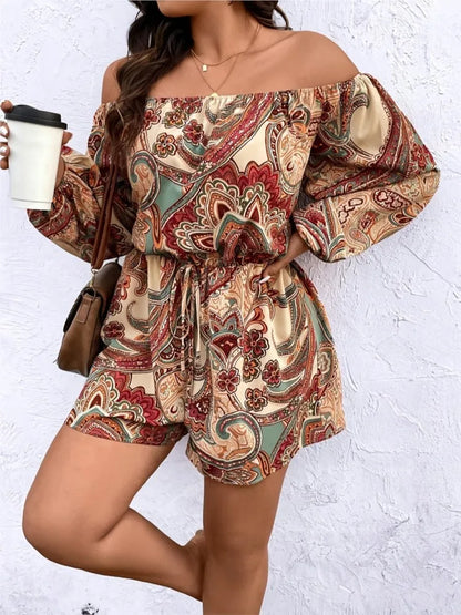 Rompers- Plus Size Boho Paisley Romper - Loose Off-Shoulder Playsuit for Women- - IndioGear.com