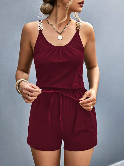 Rompers- Short-Length Playsuit with Gathered Waist for Women - Cami Romper- Burgundy- IndioGear.com