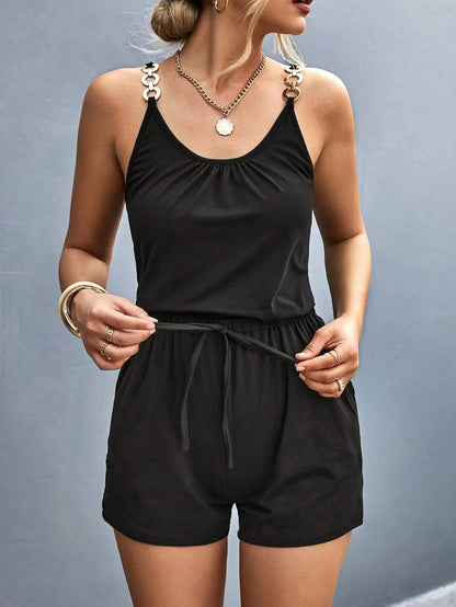 Rompers- Short-Length Playsuit with Gathered Waist for Women - Cami Romper- Black- IndioGear.com