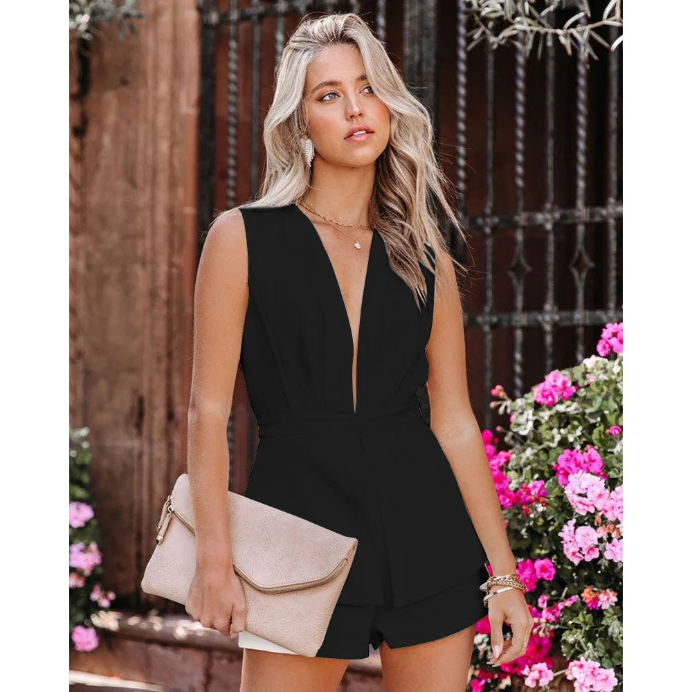 Rompers- Solid Backless Cocktail Playsuit - Party Plunge Romper- Black- IndioGear.com