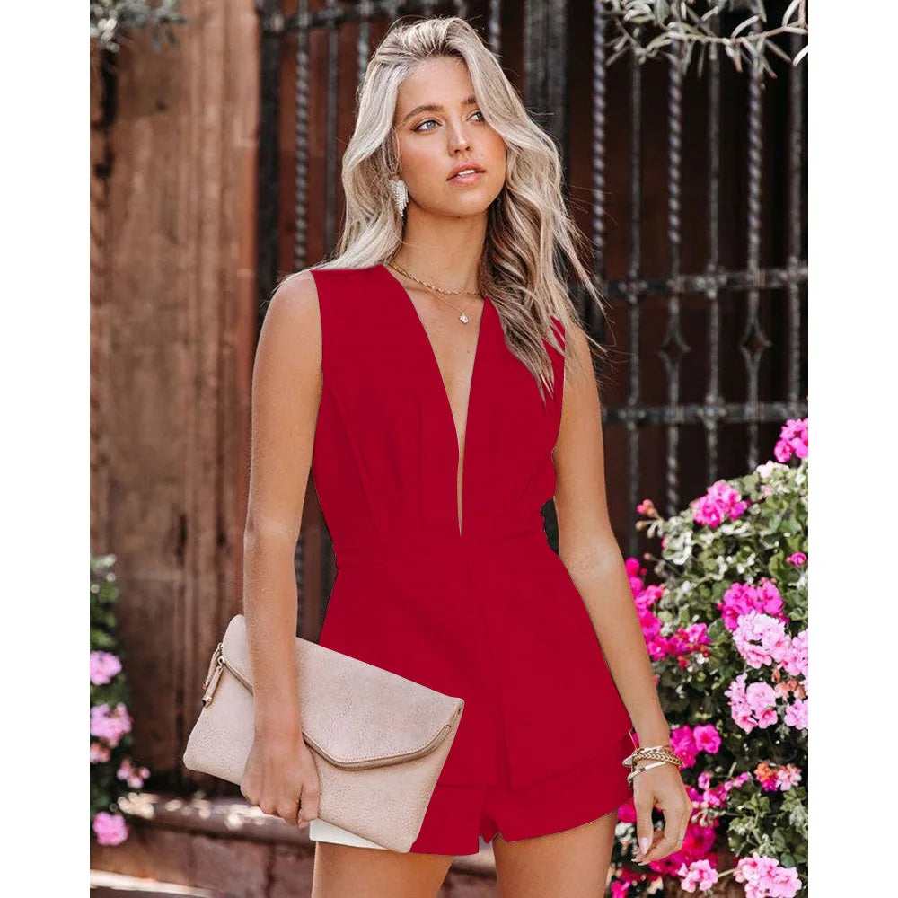 Rompers- Solid Backless Cocktail Playsuit - Party Plunge Romper- Red- IndioGear.com