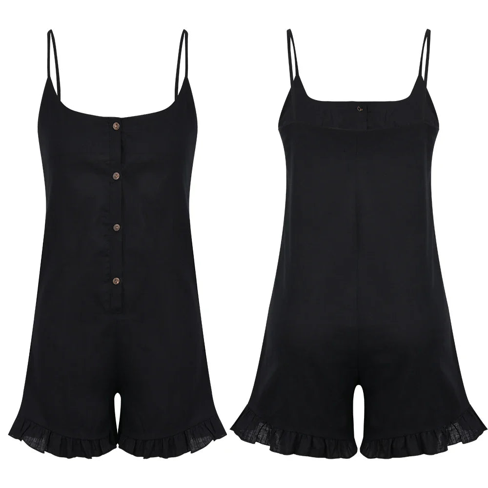 Rompers- Solid Cami Romper for Casual Weekends - Frill Hem Playsuit- - IndioGear.com