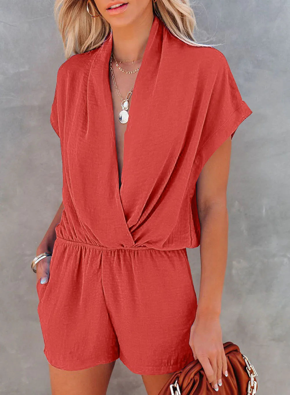 Rompers- Solid Plunge Romper for Casual Outings- Red- IndioGear.com