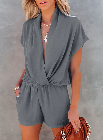 Rompers- Solid Plunge Romper for Casual Outings- Gray- IndioGear.com