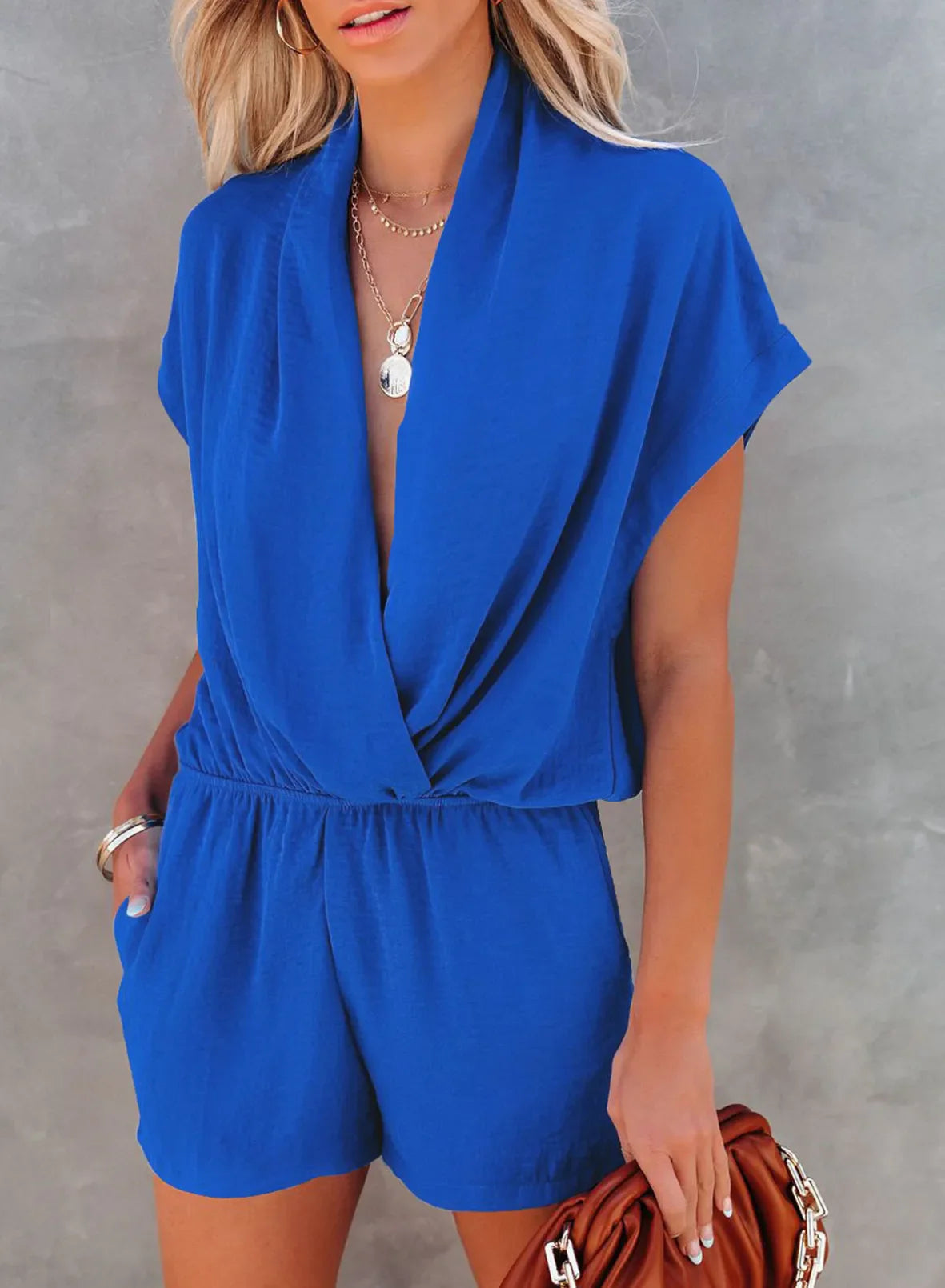 Rompers- Solid Plunge Romper for Casual Outings- Blue- IndioGear.com