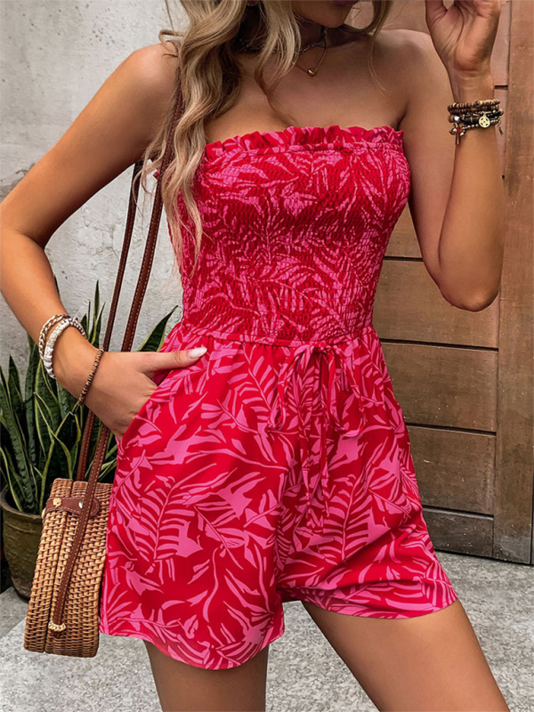 Rompers- Strapless Leaf Print Romper for Women - Tube Shorts Playsuit- - IndioGear Fashion and Gear