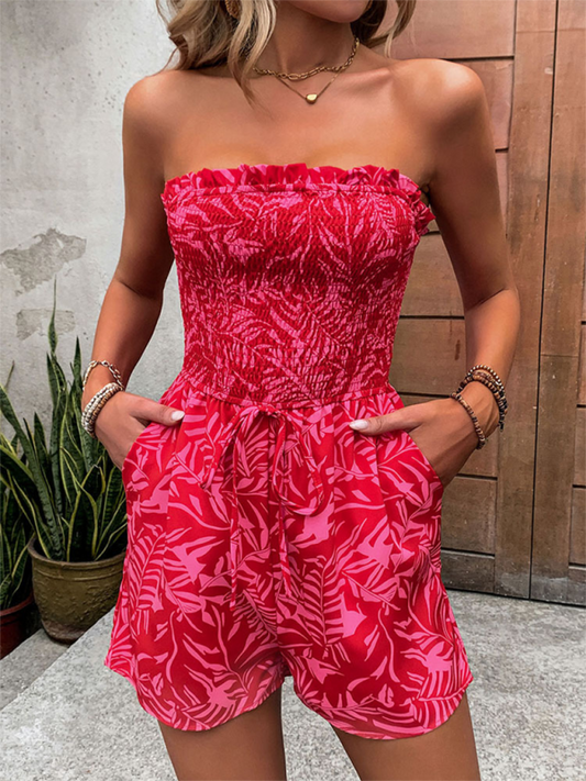 Rompers- Strapless Leaf Print Romper for Women - Tube Shorts Playsuit- Red- IndioGear Fashion and Gear