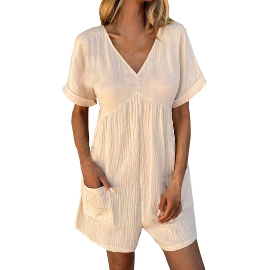 Rompers- Summer Essential Textured Romper with Pockets- - Chuzko Women Clothing