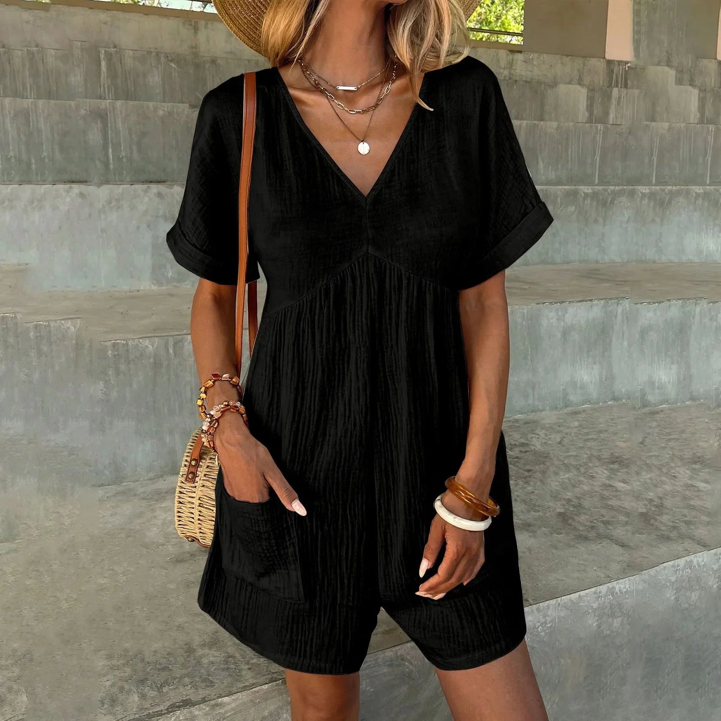 Rompers- Summer Essential Textured Romper with Pockets- Black- Chuzko Women Clothing