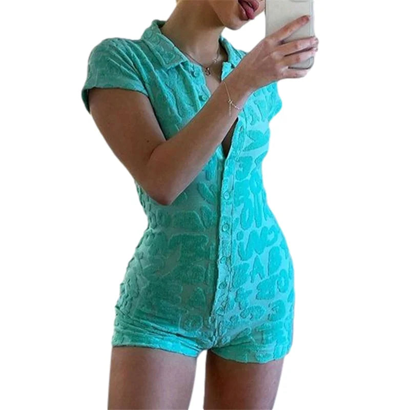 Rompers- Textured Playsuit Tailored Buttoned Romper- green- IndioGear Women Clothing