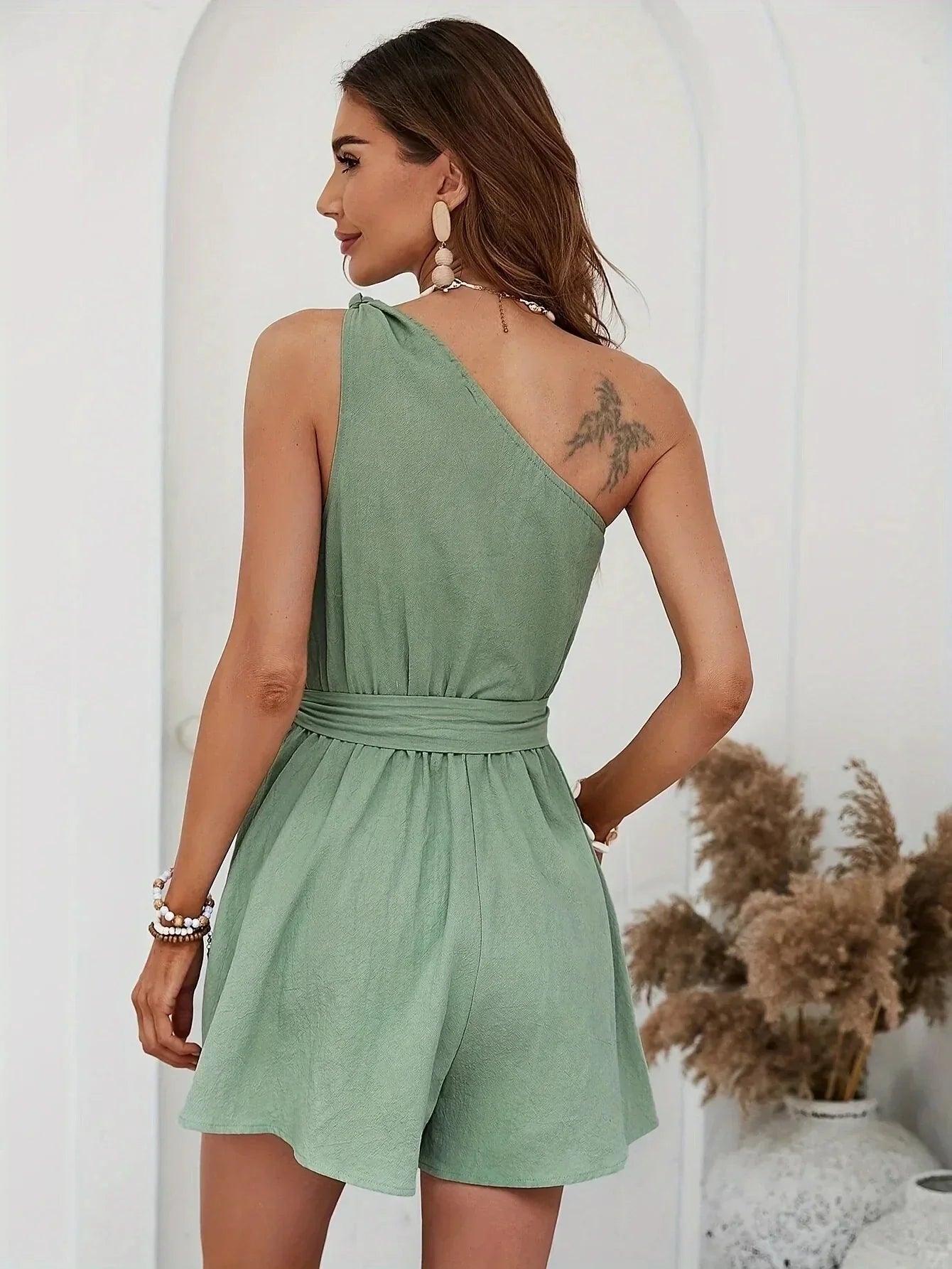 Rompers- Wide-Leg Asymmetric Playsuit - One-Shoulder Belted Romper- - IndioGear.com