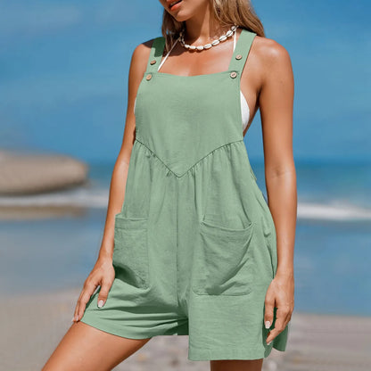 Rompers- Wide-Shorts Bib Playsuit for Women- Green- IndioGear.com