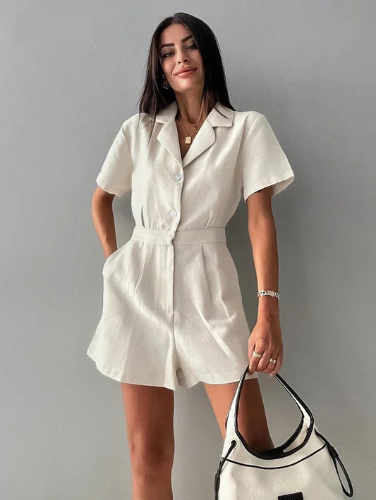 Rompers- Women Button-Up Linen Romper Jumpsuit for Casual Fridays- Khaki- IndioGear.com