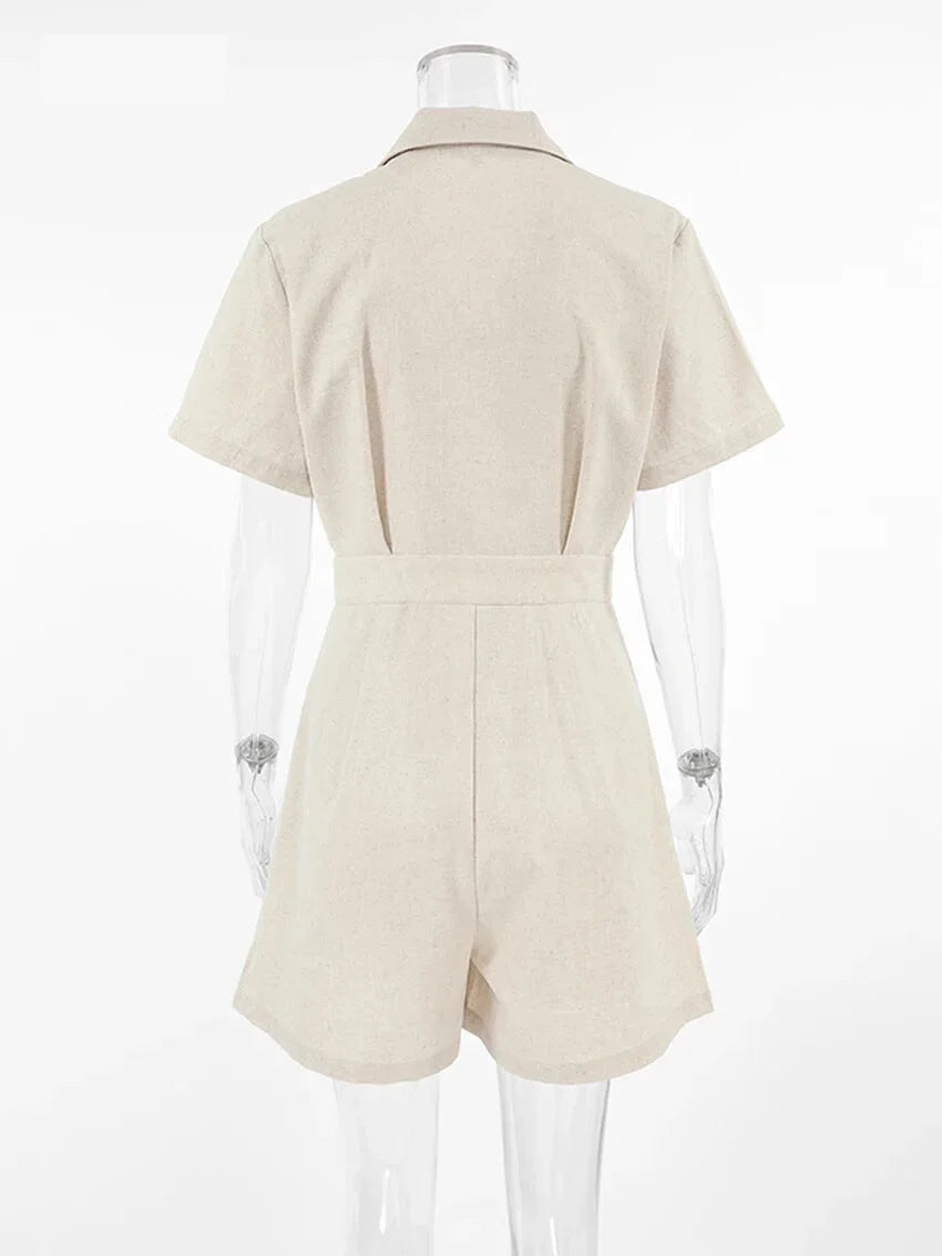 Rompers- Women Button-Up Linen Romper Jumpsuit for Casual Fridays- - IndioGear.com