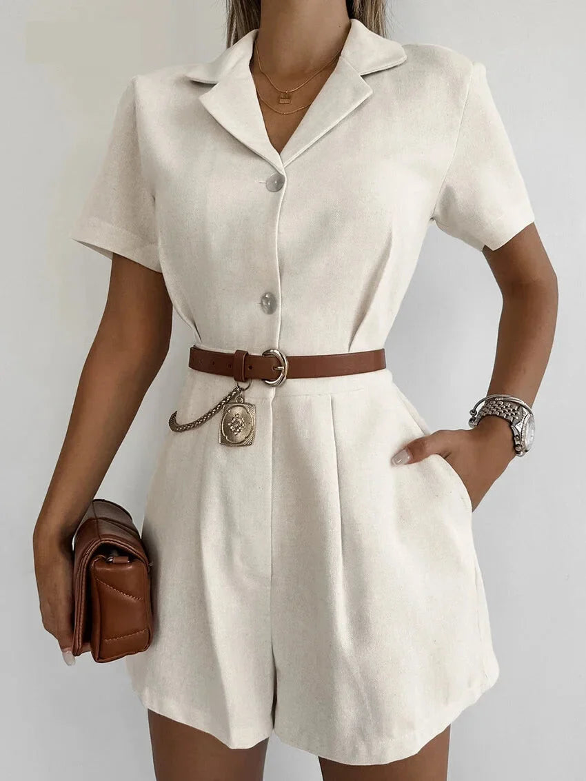 Rompers- Women Button-Up Linen Romper Jumpsuit for Casual Fridays- - IndioGear.com